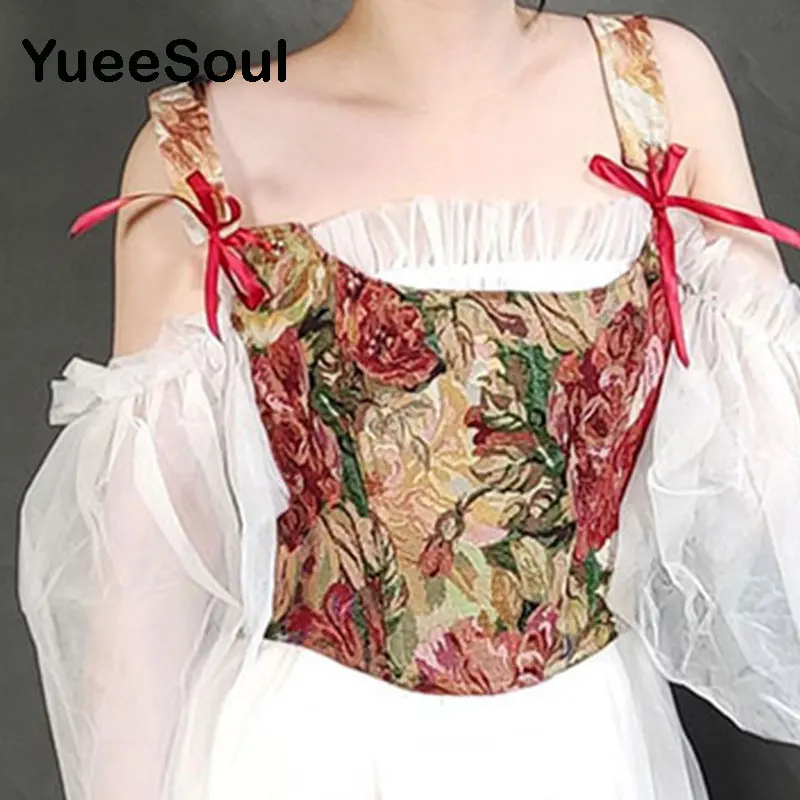 Floral Print Corset Bustier Red Bow Zipper Sleeveless Women Tops 2022 New Vintage Sweet Cute Y2K Aesthetic Fairycore Tank Top