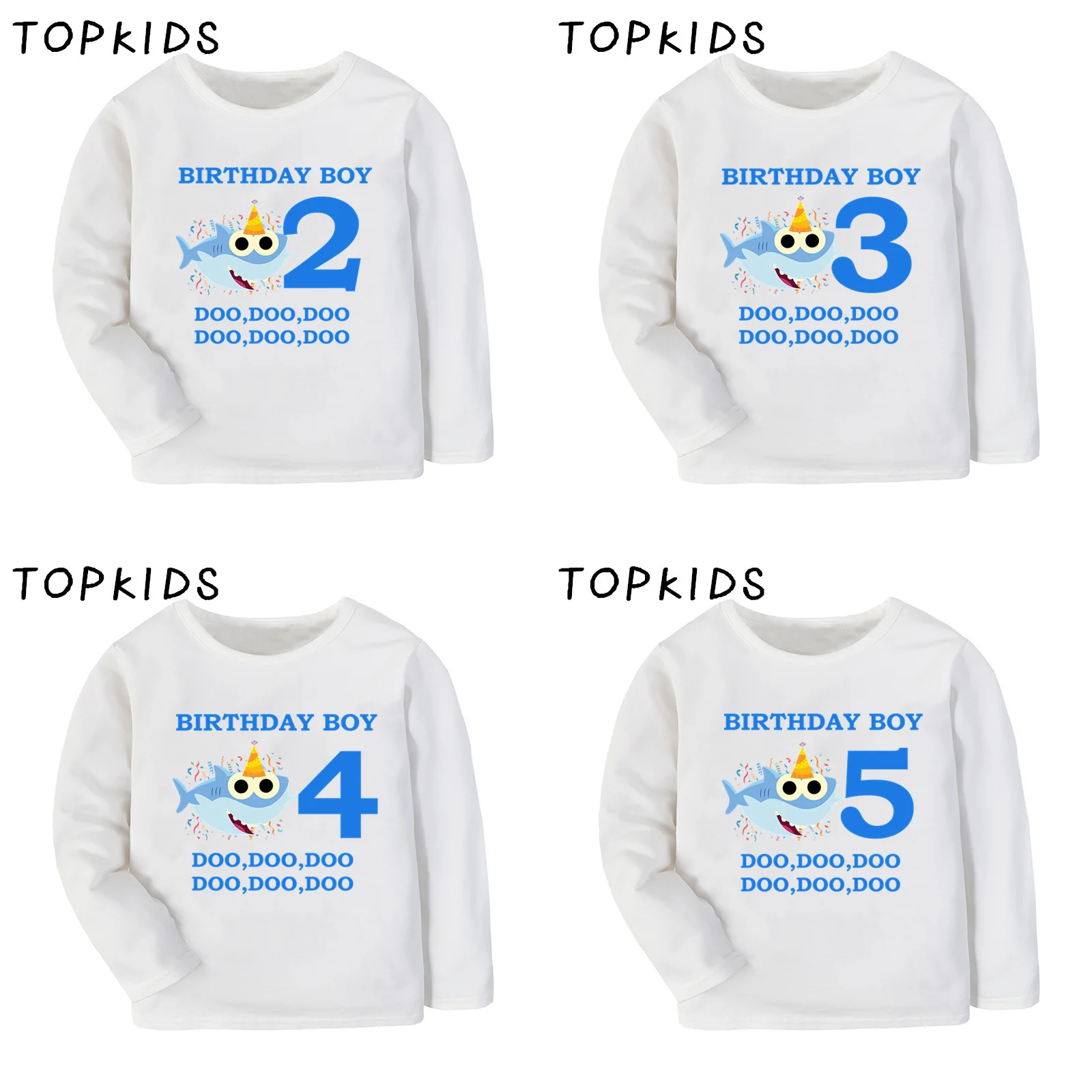 

2021 Boys Happy Birthday Blue Shark 1-9 Number Cartoon Print T shirt Kids Long Sleeve T-shirt Children Funny Clothes,LKP2441