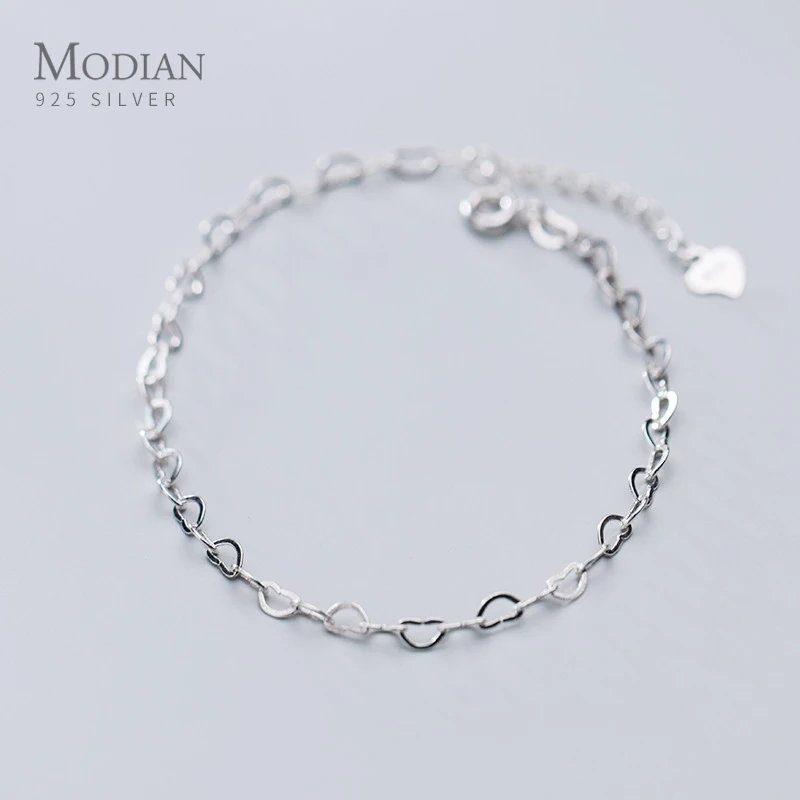 Modian Authentisches 925er-Sterlingsilber-Armband mit einfachen Herzen für Damen, Geschenk, modisches, verstellbares Gliederkettenarmband, edler Schmuck