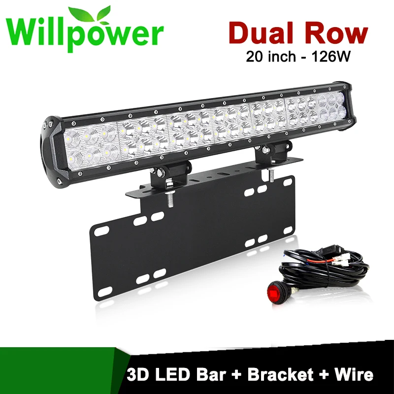 

20 inch 126W LED Light Bar License Plate Mount Bracket 2-Row Combo Beam Work Offroad Fog Lamp Holder Car SUV Truck 4x4 12V 24V