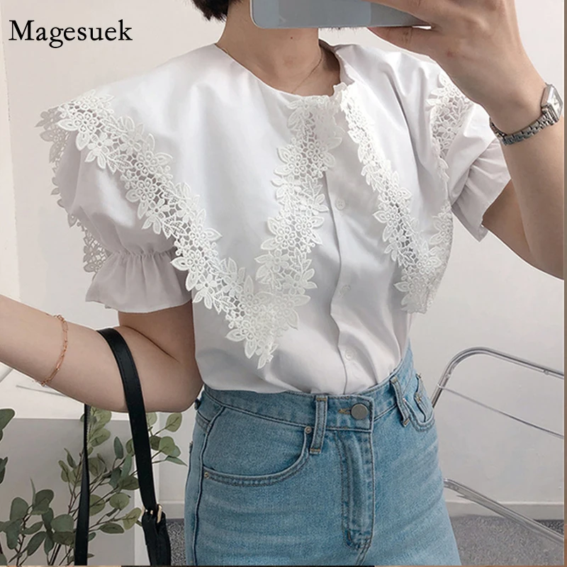 

Summer Crochet Floral Stitching Blouse Chic Sweet Big Turn-down Collar Slim Women Tops 2021 Short Sleeve Lace Solid Shirt 14191