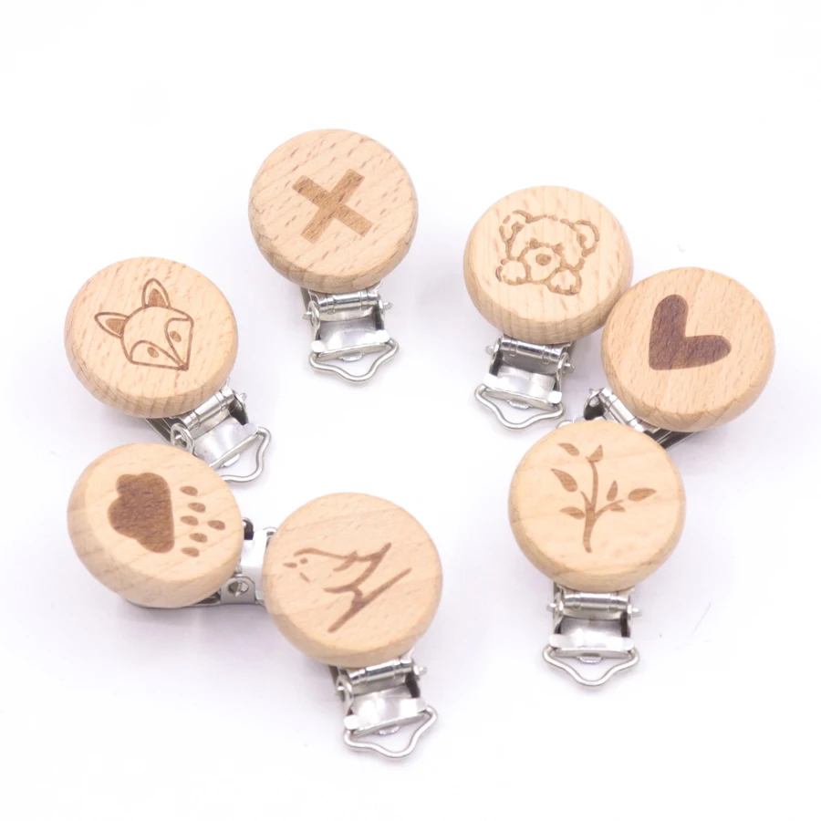 5 pcs Baby Beech Wooden Pacifier Clip Baby Teether Rodent Cartoon DIY Pacifier Chain Nipple Holder Accessories Nurse Gift