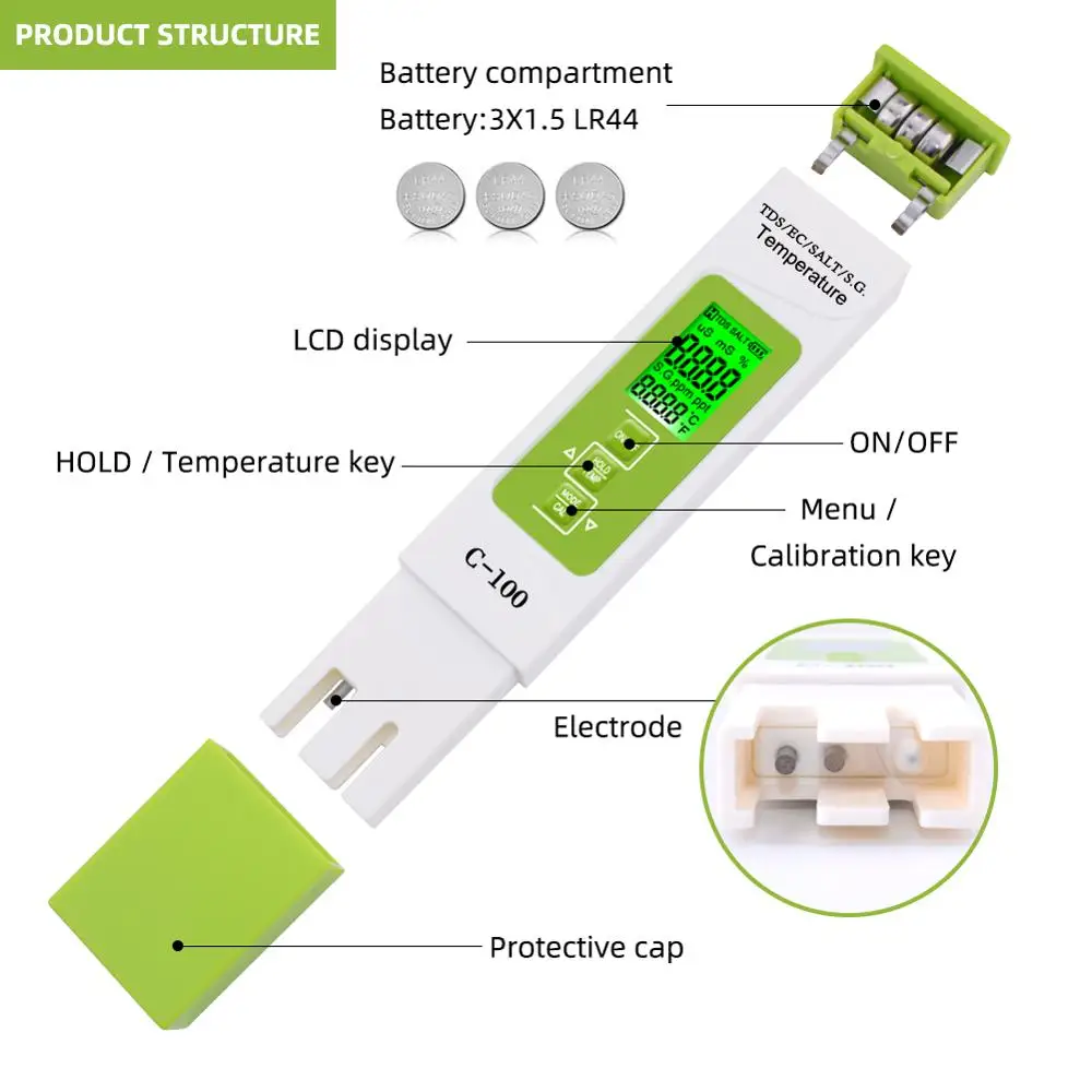 Yieryi 5 in 1 TDS/EC/SALT/S.G./Temperature Meter Digital Water Quality Monitor Tester for Pools, Drinking Water, Aquariums