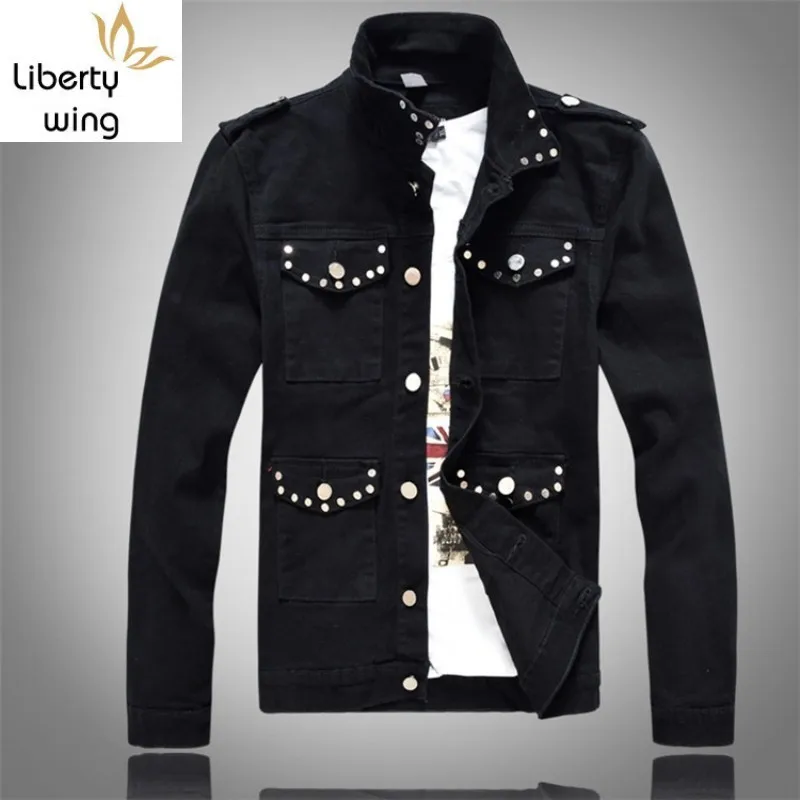 

Black Rivet Punk Mens Denim Slim Washed Motocycle Tops Coats Top Quality Single Breasted Long Sleeve Vintage Jacket Men