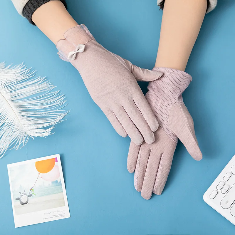 Guantes de algodón con lazo de encaje para mujer, protectores solares para pantalla táctil, malla transpirable fina de seda de hielo, Anti-UV, para conducir y ciclismo