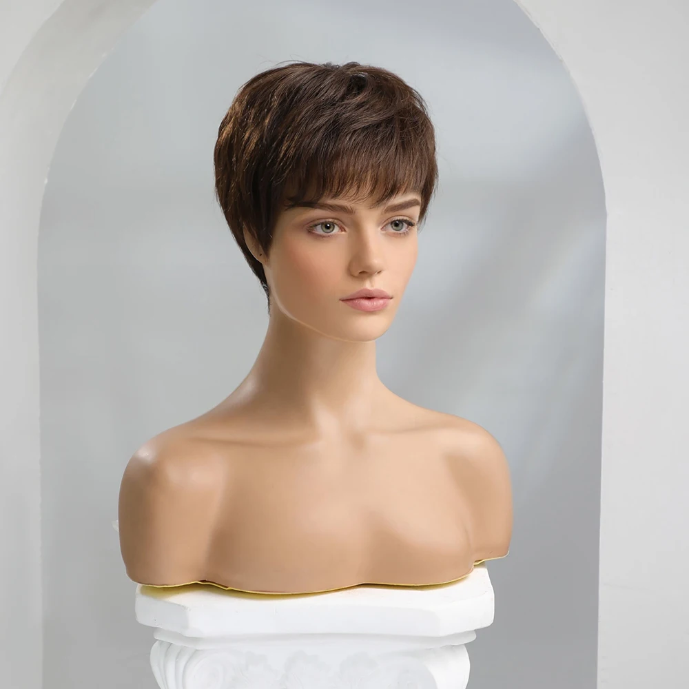 Perruque naturelle 100% Remy, cheveux lisses, coupe Pixie, brun, avec frange, pour femmes