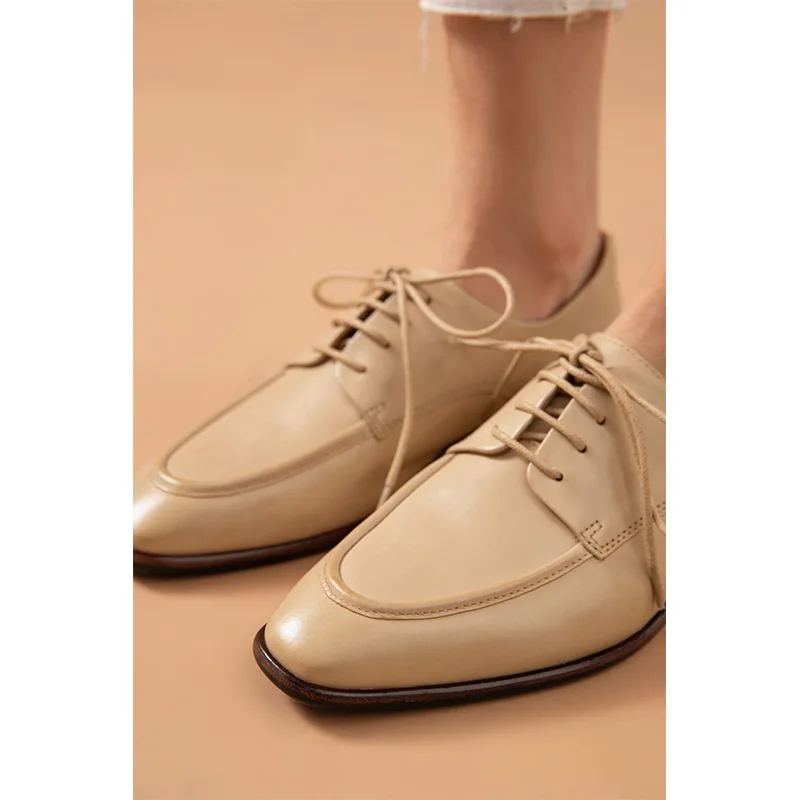 BeauToday Leather Casual Shoes Women Calfskin Derby Waxing Square Toe Lace-Up Closure Female Dress Flats Handmade 21494