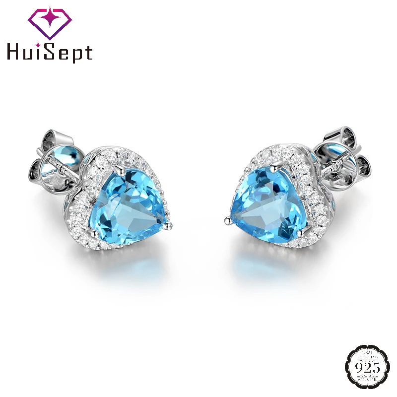 

HuiSept Earrings 925 Silver Jewelry Heart Shape Sapphire Zircon Gemstone Stud Earrings Accessories for Women Wedding Party Gift