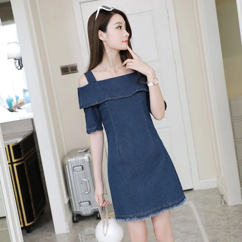 Summer Spring Elegant Women Denim Dress Slash Neck Short Sleeve Ladies Fashion Korean Slim Zipper Jeans Dress Party Sexy Clothes