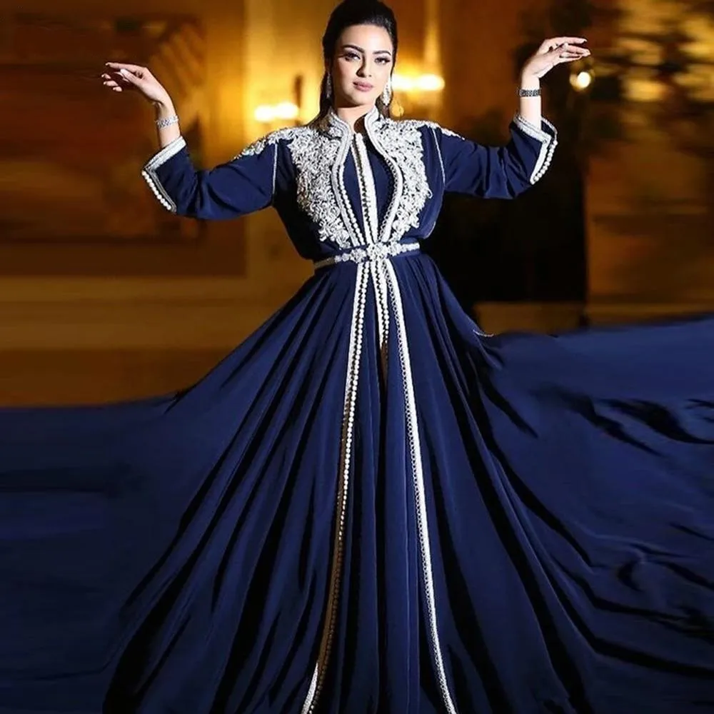 Mulheres linha A com renda de mangas compridas marroquino caftan, vestido elegante formal, vestidos de noite muçulmanos, Dubai, festa árabe, azul marinho, novo, 2022