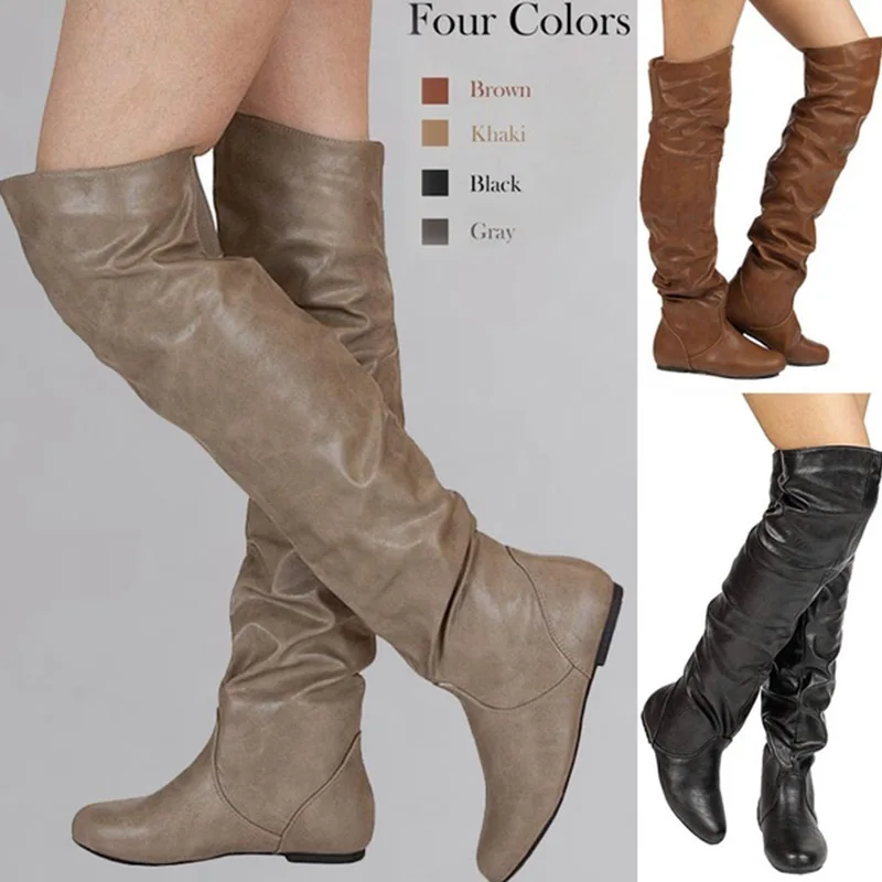 SGESVIER Over The Knee Boots Women Pu Elastic Boots Female Round Toe Shoes Concise Flat Shoes Autumn Winter 2019 Plus Size 34-48