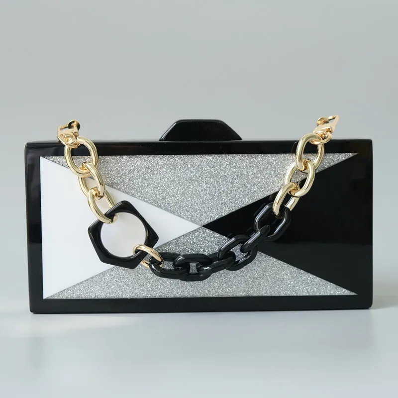 New Trendy Fashion Women Handbag Black Silver Patchwork Acrylic Luxury Wedding Party Evening Bag Woman Luxury Box Clutch Purse