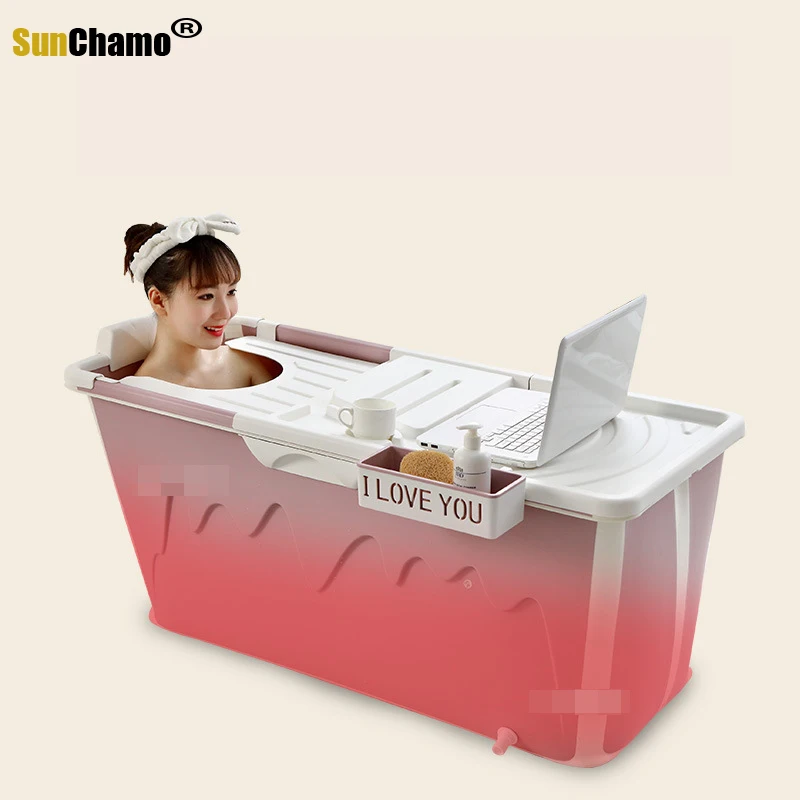 Cordial Shining 1.2M/40in Adult Whole Body Bath Tub Barrel Thickened Fold Plastic With Lid&Pillow Easy To Carry Home Bathtub