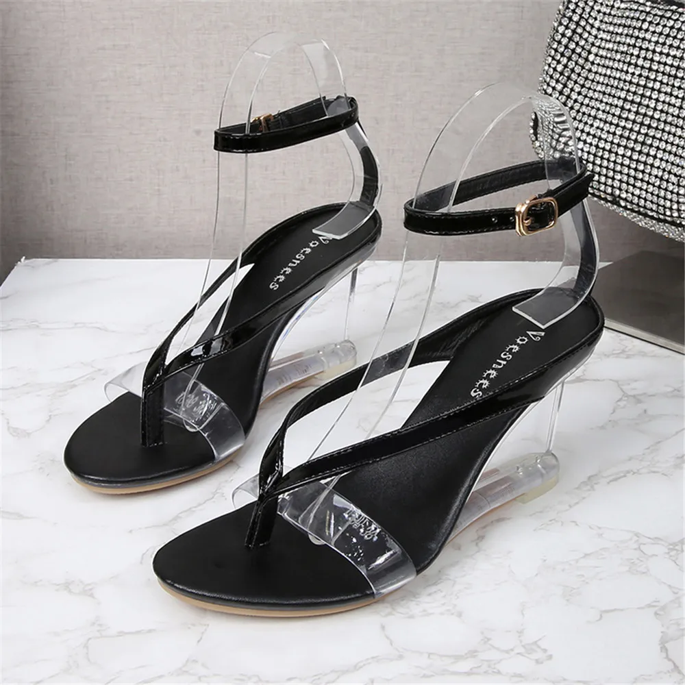 Summer New Wedges Clear Sandals Women Transparent 8CM High Heels PVC Open Toe Sexy Wedding Shoes Size 34-43 Black White Gold Red