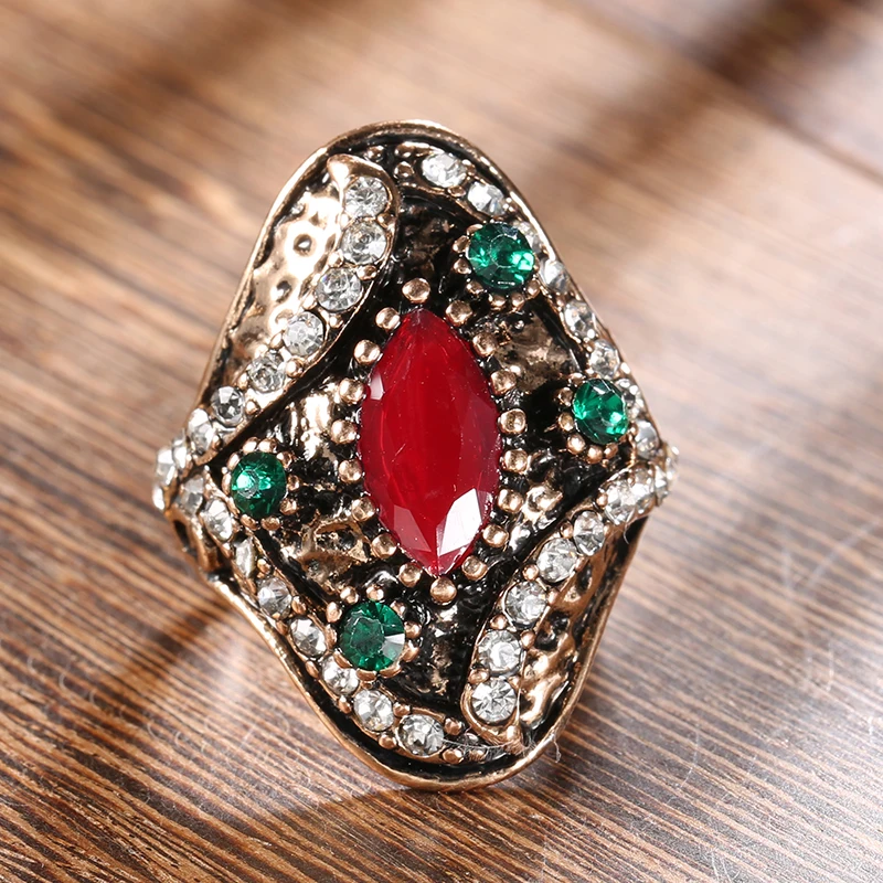 Kinel Vintage Red Stone Ring Fashion Antique Gold Color Boho Crystal Rings For Women Wedding Jewelry Bijoux 2020 New