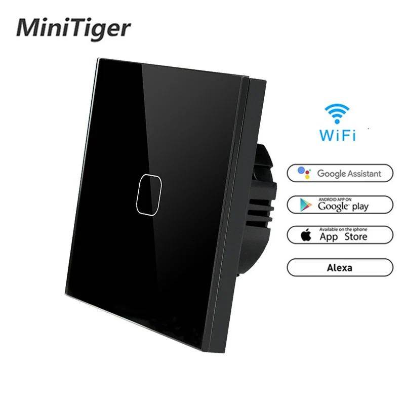 

Minitiger Tuya/Smart Life/ewelink WIFI 1 Gang 1 Way Switch Crystal Glass Panel Touch Wall Switch Smart Home Automation Wireless