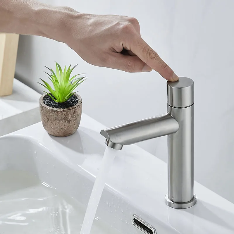 304 Stainless Steel Bathroom Time Delay Basin Faucet Touch Press Single Cold Tap Nickel Public Toilet Time Delay Metered Faucet