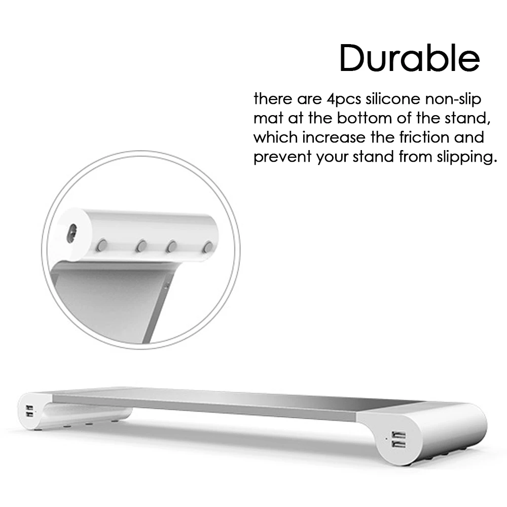 Besegad Aluminum Alloy Monitor Stand Space Bar Dock Desk Riser with 4 USB Ports for iMac MacBook Computer Laptop Below 20Inch