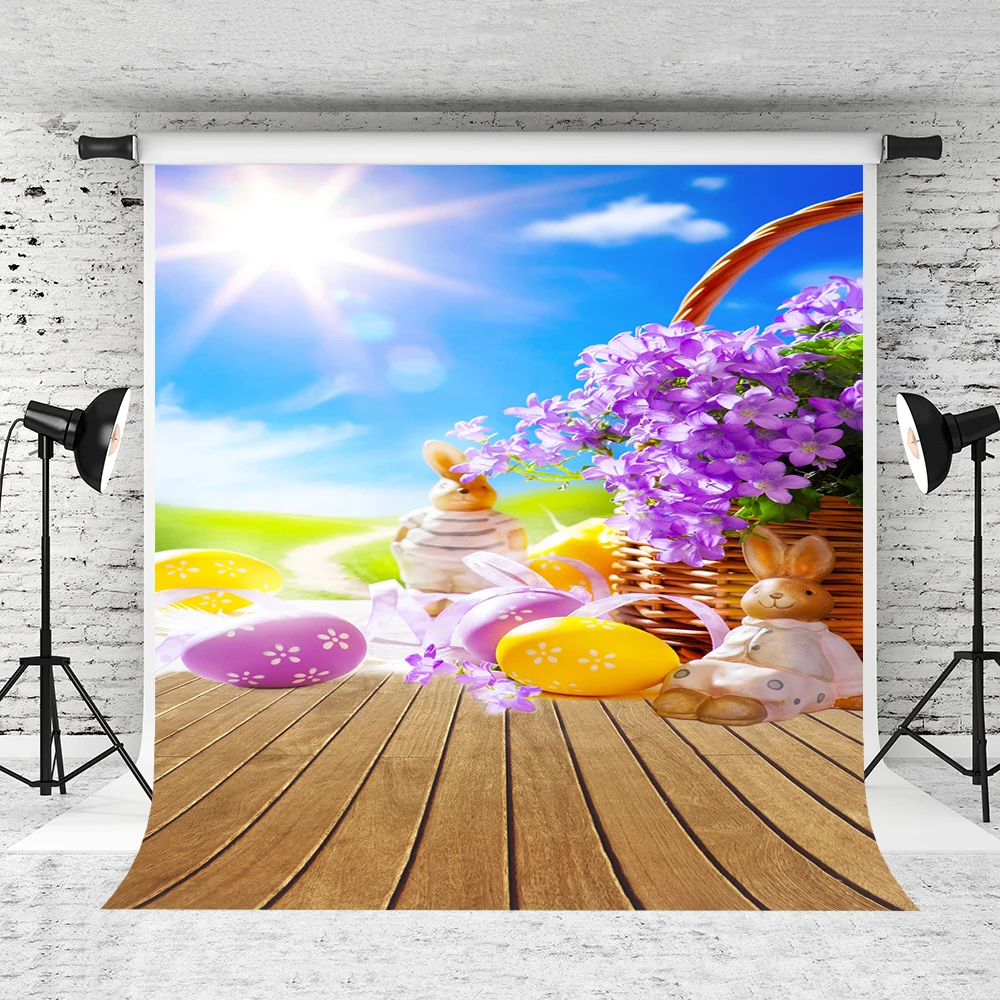 

VinylBDS Easter rabbit Flower Baskets Photographic Background Wooden Photography Studio Backgrounds Eggs Photo Backdrops