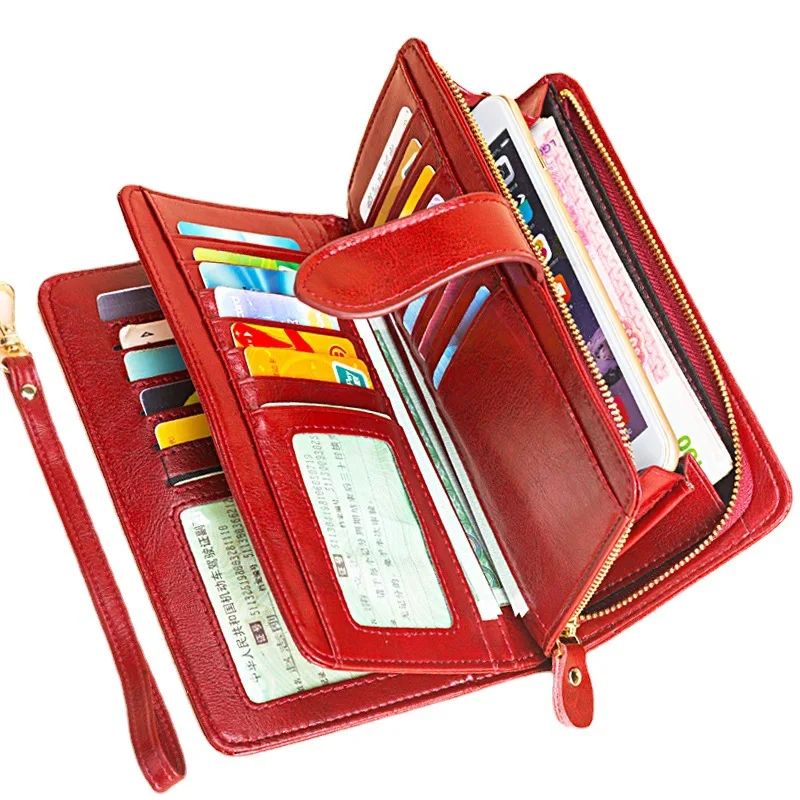 Portfel z prawdziwej skóry RFID kobiety długie damskie etui na karty torebka portfele damskie o dużej pojemności duża torba na telefon ze skóry wołowej