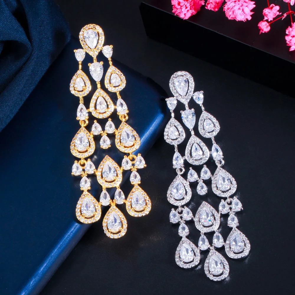 Pera Elegant Shiny White Cubic Zirconia Long Bridal Wedding Hanging Water Drop Dangle Earrings for Ladies Party Jewelry E665