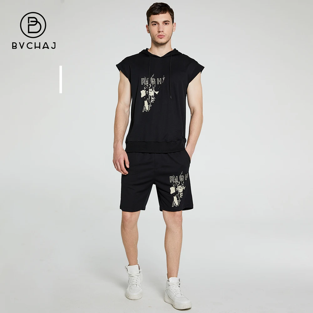 Verão roupa esportiva masculina com capuz 2 peças colete sem mangas estampa de corrida camiseta + shorts fitness secagem rápida roupa esportiva casual masculina