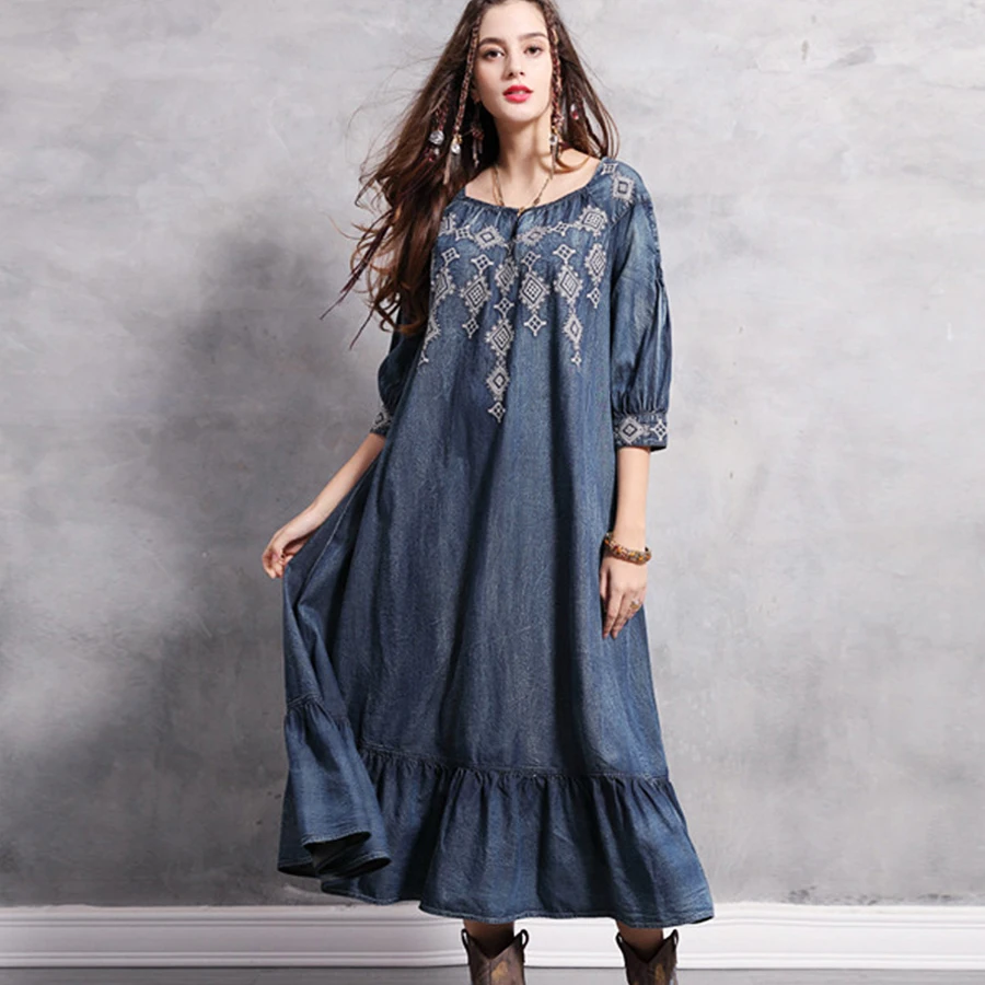 

TEELYNN denim boho tunic dresses bule cotton o-neck floral Embroidery Autumn dress Gypsy Hippie loose long women dresses vestido