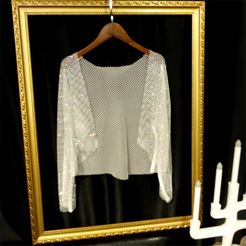 New Disco Sexy Light Diamond Crystal Mesh Shirt Top Bling Temperament Full Rhinestone Outer Wear Causla Cropped Cardigan