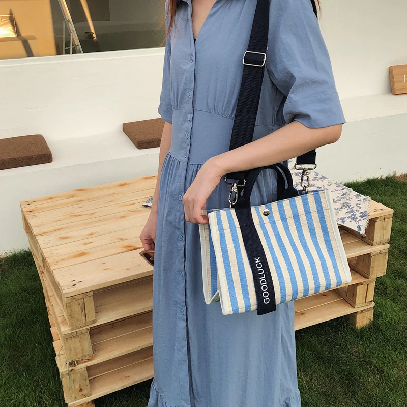 Fashion Striped Women Shoulder Bag Korean Style Canvas Crossbody Bags Small Square Crossbody Handbag Mommy Simple Handbag