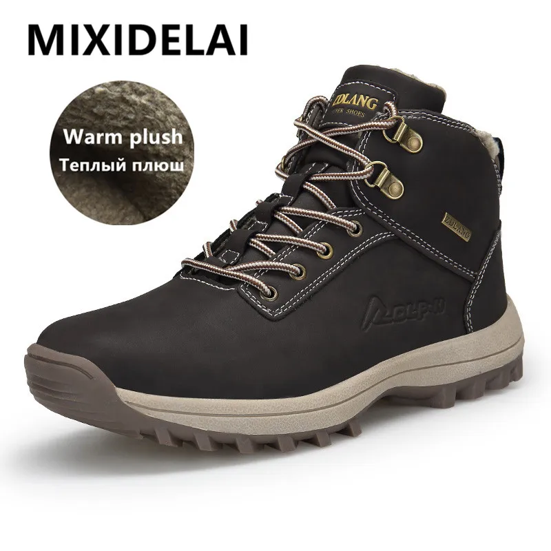 Outdoor Fashion Leather Men Boots Comfortable Men Shoes Waterproof Ankle Boots Short Plush Winter Warm Work Shoes Big Size 39~48