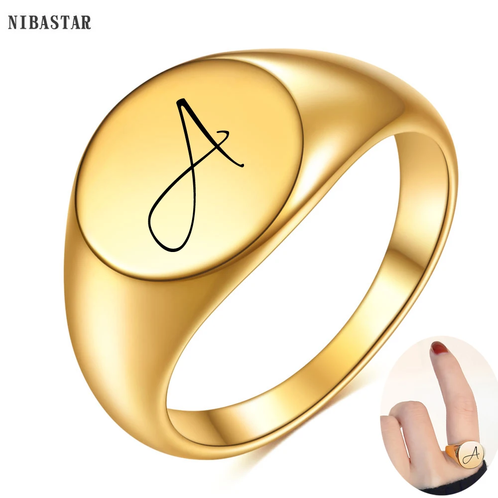 

NIBASTAR Custom Initial Letter Signet Gold Ring Solid Stainless Steel Stamp Fashion Rings Minimalist Engrave Jewelry Gift