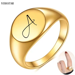 NIBASTAR Custom Initial Letter Signet Gold Ring Solid Stainless Steel Stamp Fashion Rings Minimalist Engrave Jewelry Gift