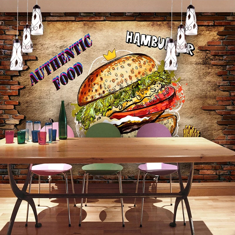 Custom Any Size Mural Wallpaper 3D Brick Wall Hamburger Fast Food Restaurant Kitchen Decor Backdrop Wall Removable Wall Sticker