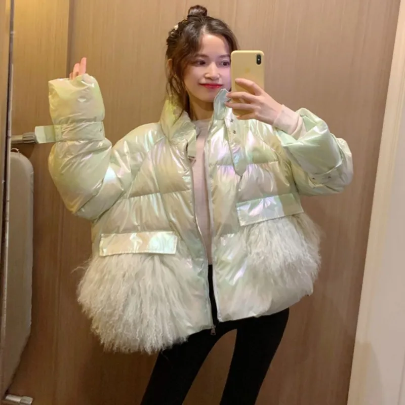 Women\'s Winter Silver Down Cotton Jacket Glossy 2023 Golden Big Fur Collar Thick Shiny Long Pink Blue Warm Parkas