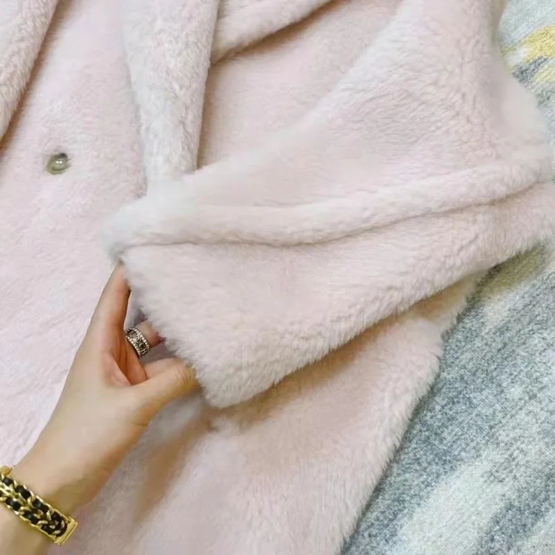 Casaco feminino casaco de inverno urso de pelúcia estilo real lã de ovelha jaqueta turn-down colarinho longo comprimento grosso quente roupas