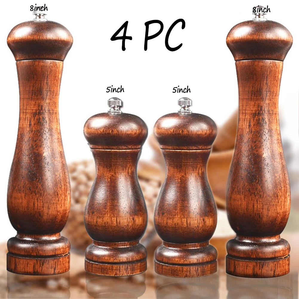 4PC Oak Pepper Grinder Coarse Salt Solid Wooden Oak Pepper Mill Handheld With Adjustable Ceramic Core Manual Kitchen Tools