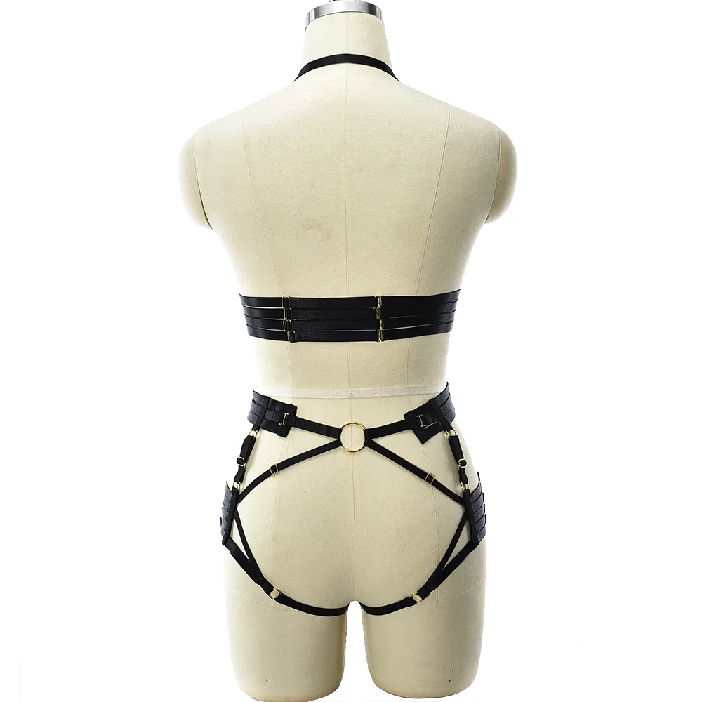 Conjunto de cinto de corpo vazado, lingerie sexy em gaiola, sutiã preto punk, body ajustável com fundo branco