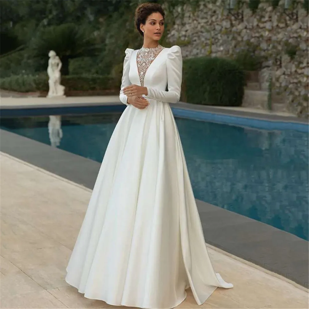 Haute-vestido de novia musulmán de satén, prenda de vestir de manga larga, estilo Vintage de princesa, con cuentas, cuello alto, Turquía