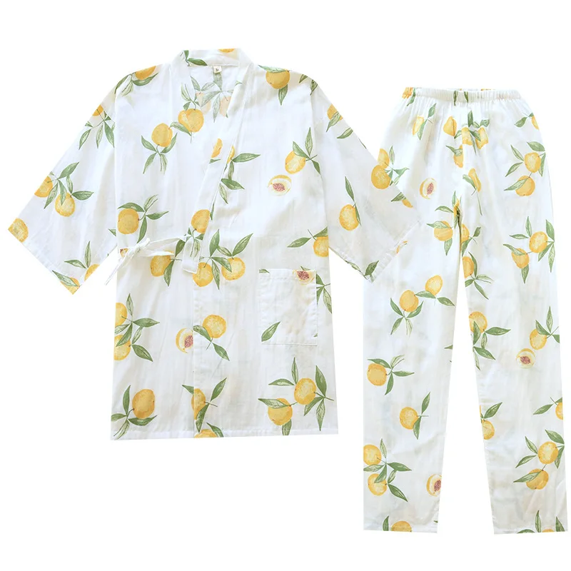 Autumn Women Cotton Pajamas Seven-sleeve Gauze Kimono Sleepwear V-Neck Yellow Peach Print Pijamas Two Piece Set Home Sleep Wear