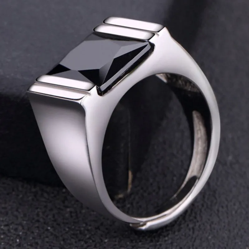 BOCAI Trendy 100% Real 925 Silver Natural Obsidian Ring for Men Adjustable Size Fashion Christmas Gift