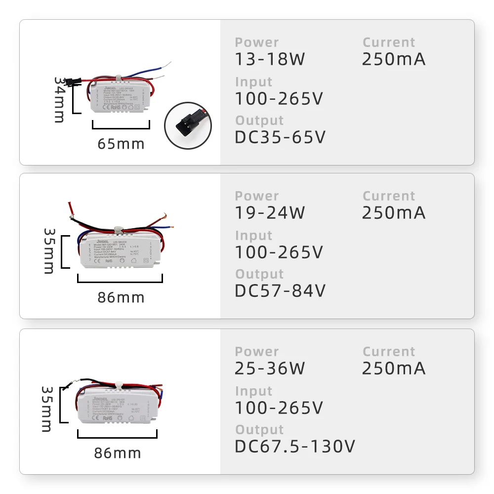 AC100-265V Controlador LED de corriente constante, fuente de alimentación de corriente constante de 250mA, 2-5W, 4-7W, 8-12W, 13-18W, 80-100W,