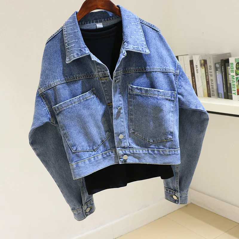 

Spring Korean Bat sleeve Big Pocket Denim Jacket Coat Women Loose Short Outwear Harajuku Blue Jeans Jacket Female Chaqueta Mujer