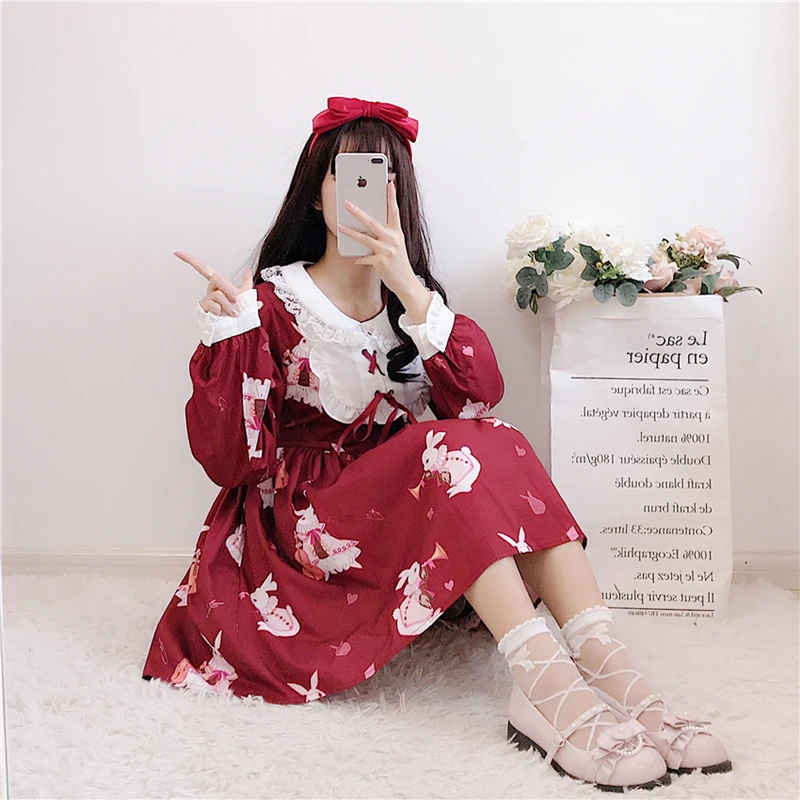 Cute Loli Japanese soft sister Lolita dress sweet doll collar printed rabbit waist waist was thin daily dress girls lolita skirt