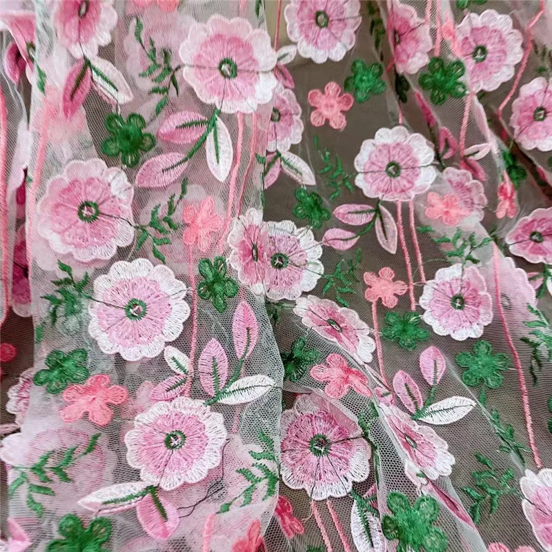 USD 20 only 4 Yards Pink 3D Applique Floral  Tulle Embroidery Party Gown Evening Dress Lace Fabric DIY Sewing Fabric