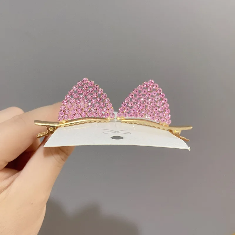 1 Pair Girls Rhinestone Hair Clips Crystal Cat Ear Hair Clip Kids Barrettes Hairpins For Daily Wearing And Party Decorations