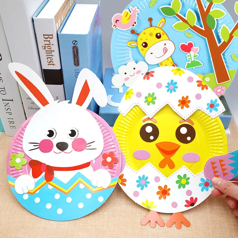 Animal Cartoon Paper Plate Drawing DIY Handmade Craft Toys Material Package Children Creative Puzzle Toys Colorful Paper Plate