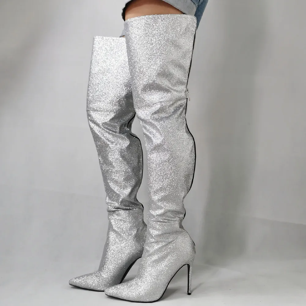 

Real Photo High Heels Sliver Glitter Leather Long Bota Feminina Latex Sexy Overknee Rain Boots Slim Shoes Woman 2020 Plus Size47
