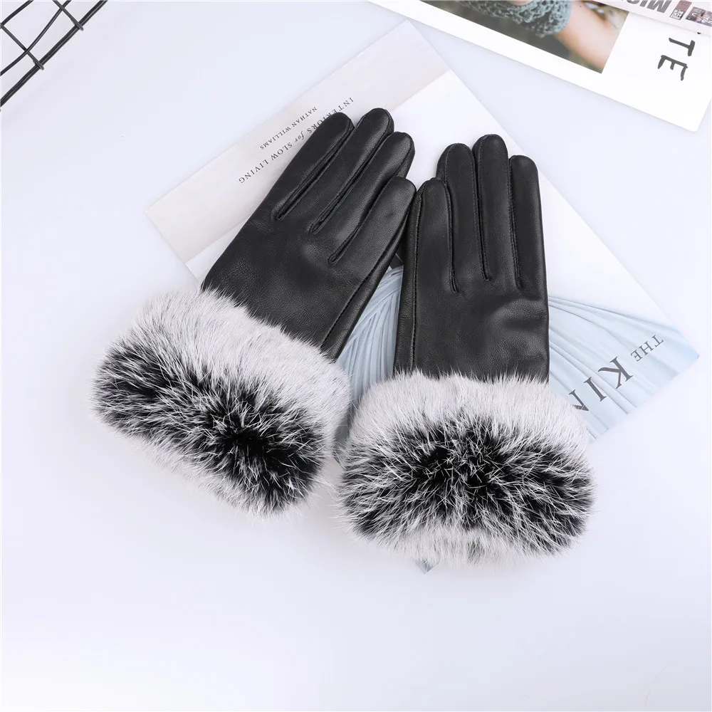 

Hot Sale Women's Genuine sheep skin leather Gloves Autumn Winter Warm rabbit fur trim driving gloves Mittens