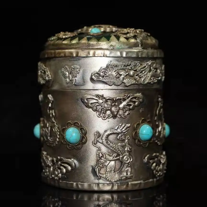 Antique antique bronze set with turquoise gemstone and silver multi-purpose copper box