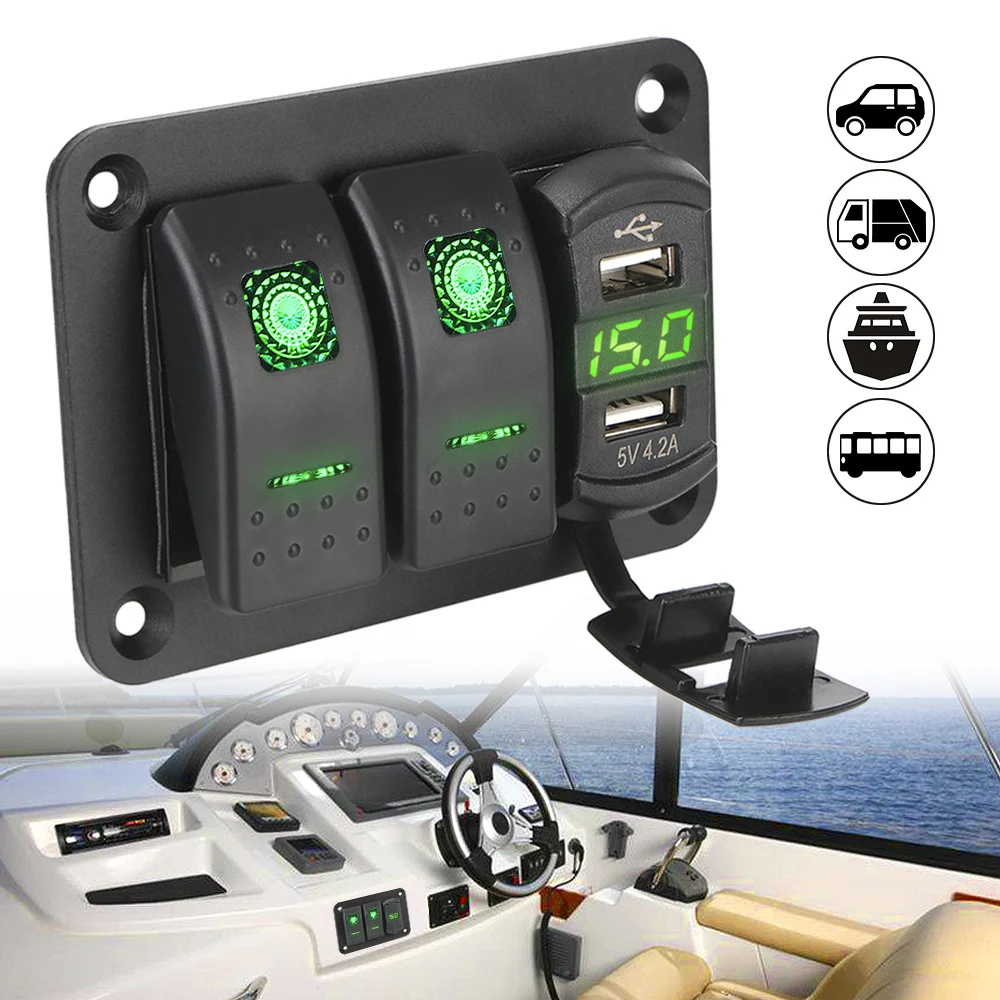 12/24V Rocker Switch Panel Circuit Breaker LED Voltmeter for Car Marine Ship LED Rocker Switch Panel Waterproof Dual USB Port